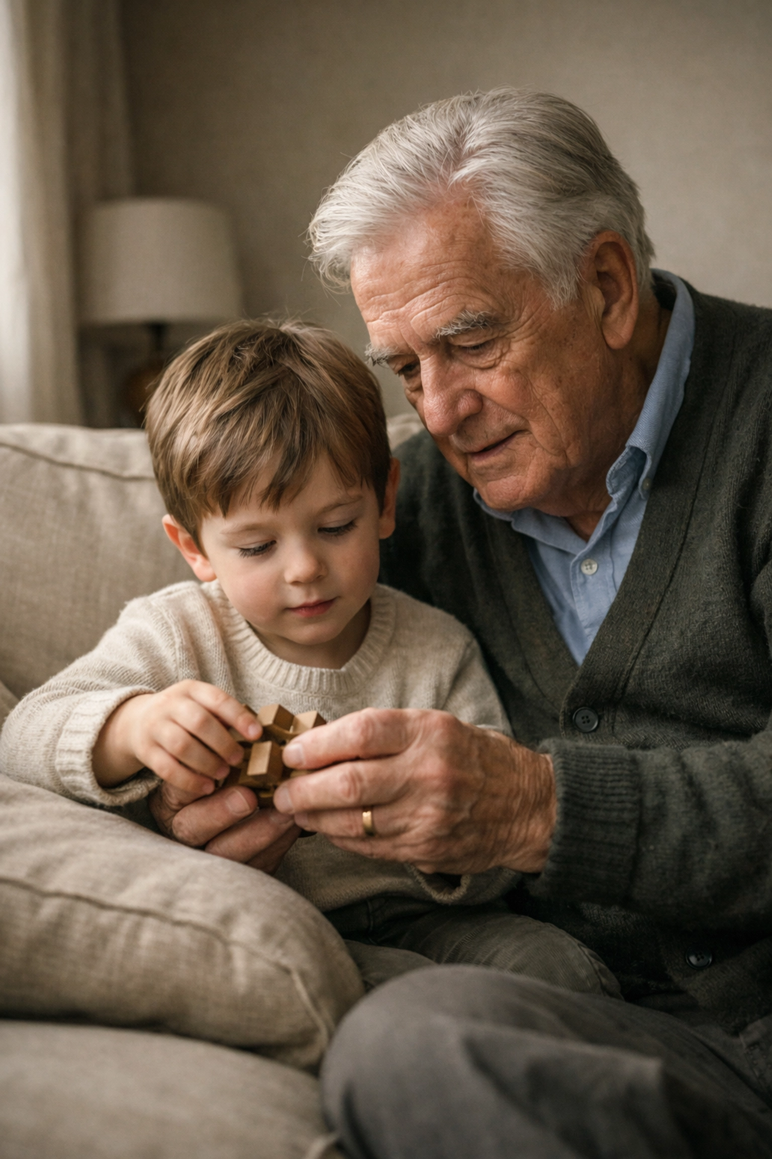 Elderly man and child connect over a puzzle, highlighting intergenerational support during Dementia Action Week.