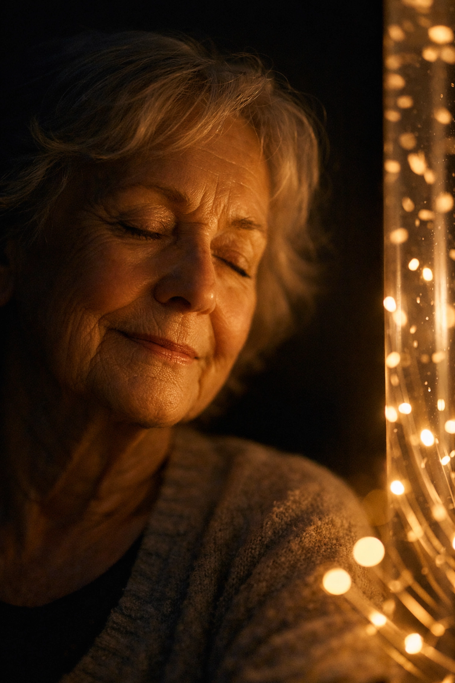 A senior woman experiencing calming sensory support for dementia in a quiet, light-filled environment.