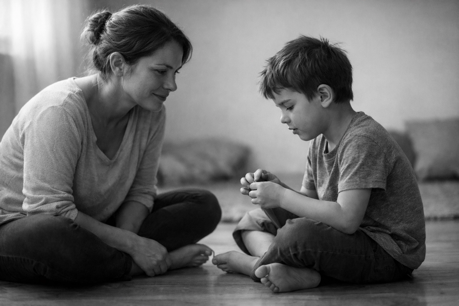 Mother and child in a calm room, demonstrating neurodivergent accessibility and sensory safety.