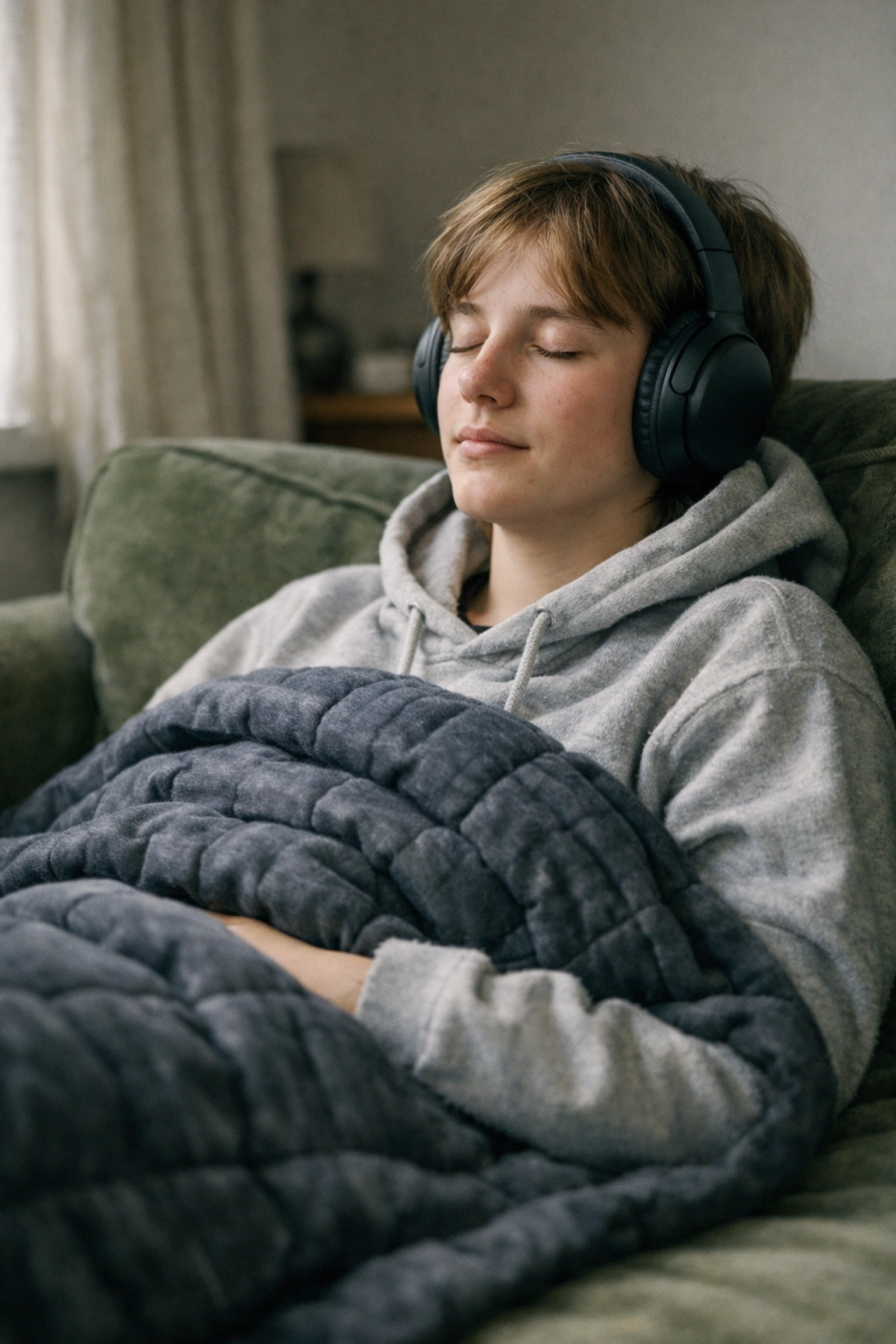 Neurodivergent teenager using noise-cancelling headphones for sensory-friendly regulation.