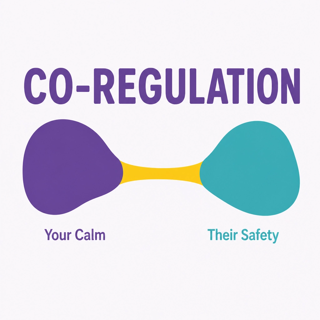 A flat vector graphic explaining Co-regulation with the text 'Your Calm' and 'Their Safety'.