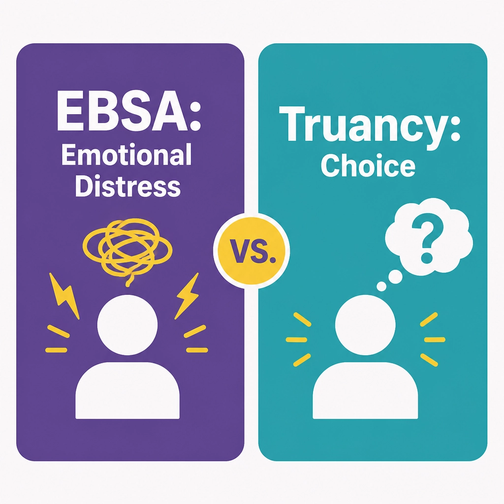 A flat vector comparison graphic showing the difference between EBSA (Emotional Distress) and Truancy (Choice) using purple and teal cards.