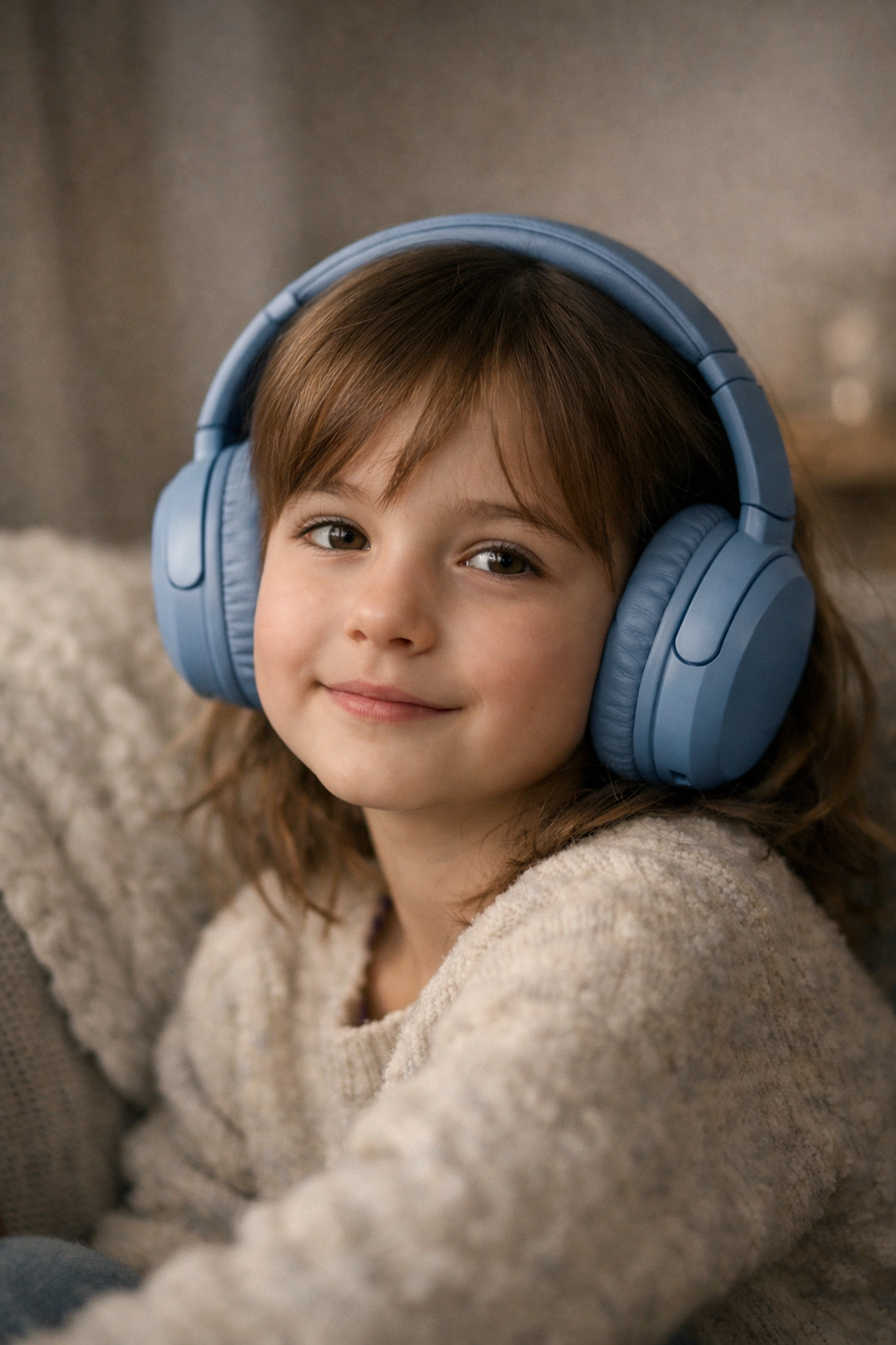 A girl wearing noise-cancelling headphones finds peace in a sensory-friendly space at Noa's Place.