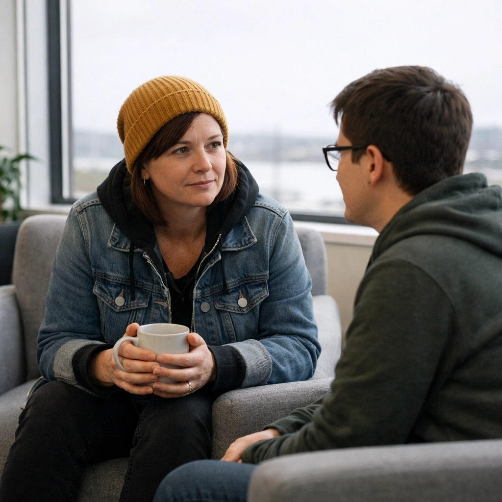 Parents share a supportive conversation at the Noa’s Place inclusive community hub in Halifax.