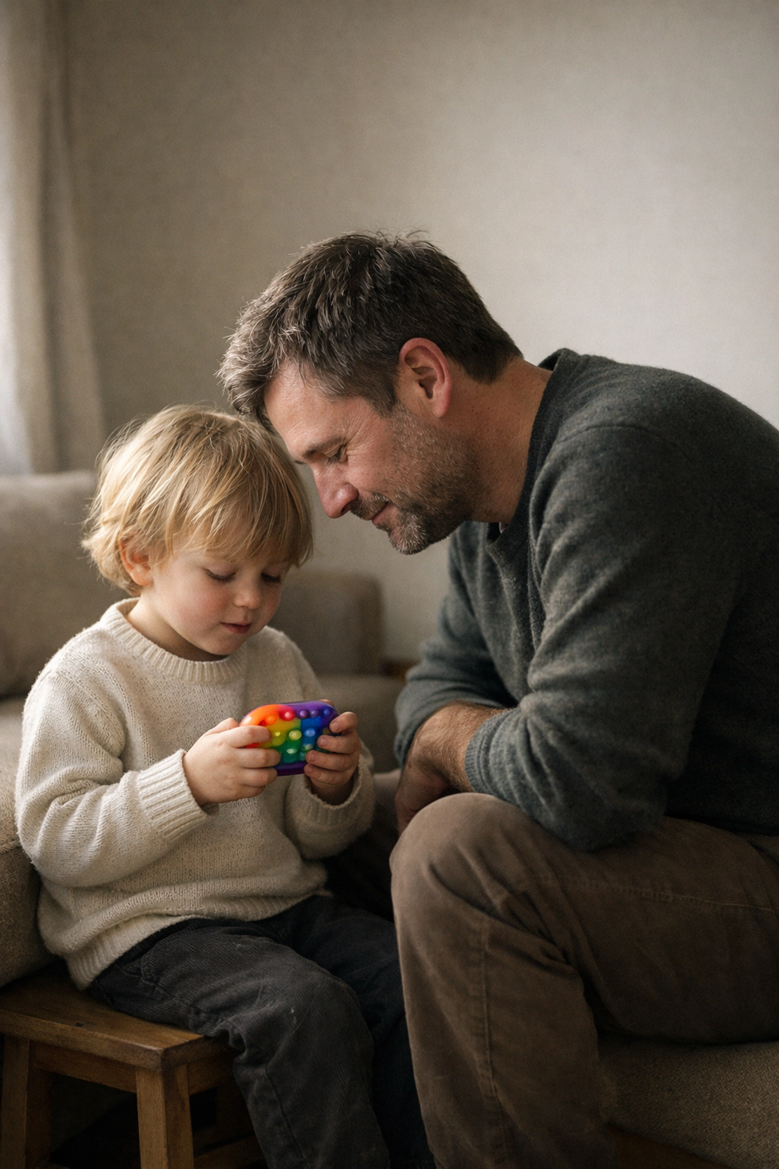 A father and child share a quiet moment with sensory toys, representing the Noa's Place SEND community.