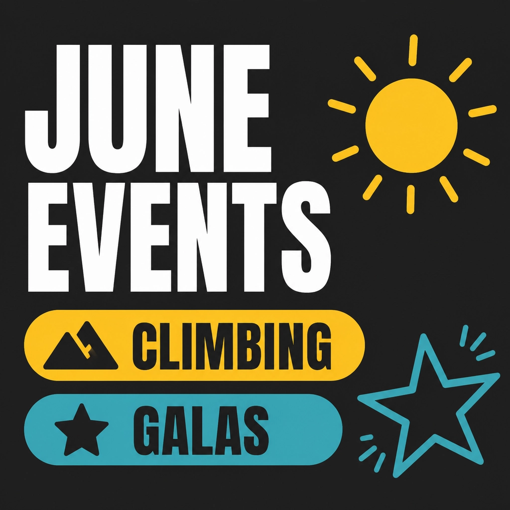 Graphic titled 'JUNE EVENTS' in white text on a near-black background with 'CLIMBING' and 'GALAS' highlighted in brand colours.