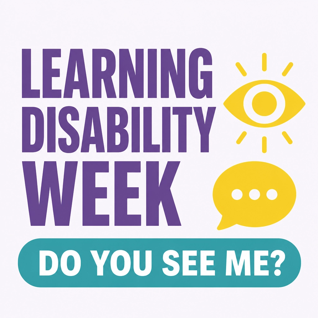 Graphic titled 'LEARNING DISABILITY WEEK' in purple text on an off-white background with the theme 'DO YOU SEE ME?' in a teal pill shape.