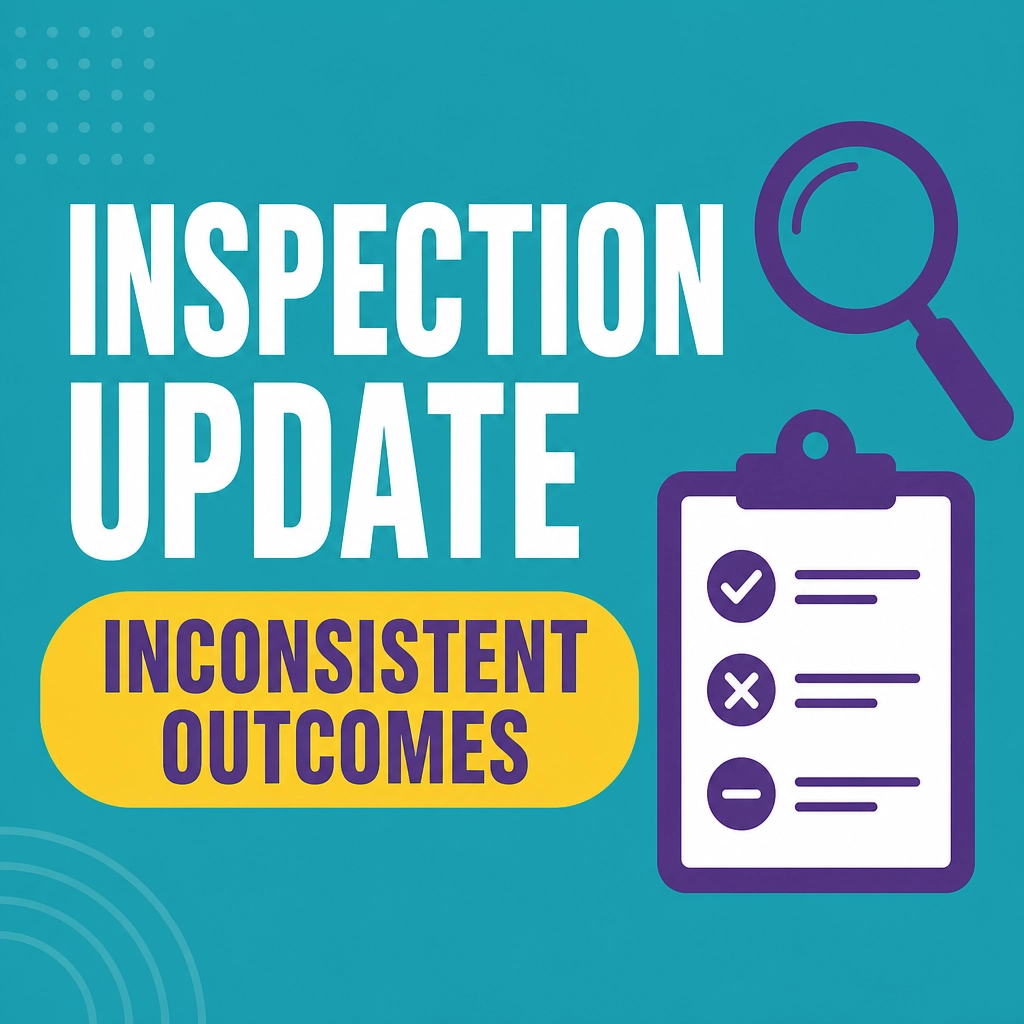 Graphic titled 'INSPECTION UPDATE' in white text on a teal background with 'INCONSISTENT OUTCOMES' highlighted in a yellow pill shape.