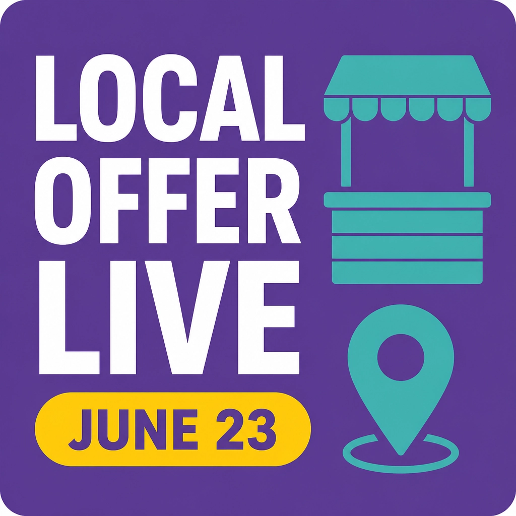 Graphic titled 'LOCAL OFFER LIVE' in white text on a purple background with 'JUNE 23' in a yellow pill shape.