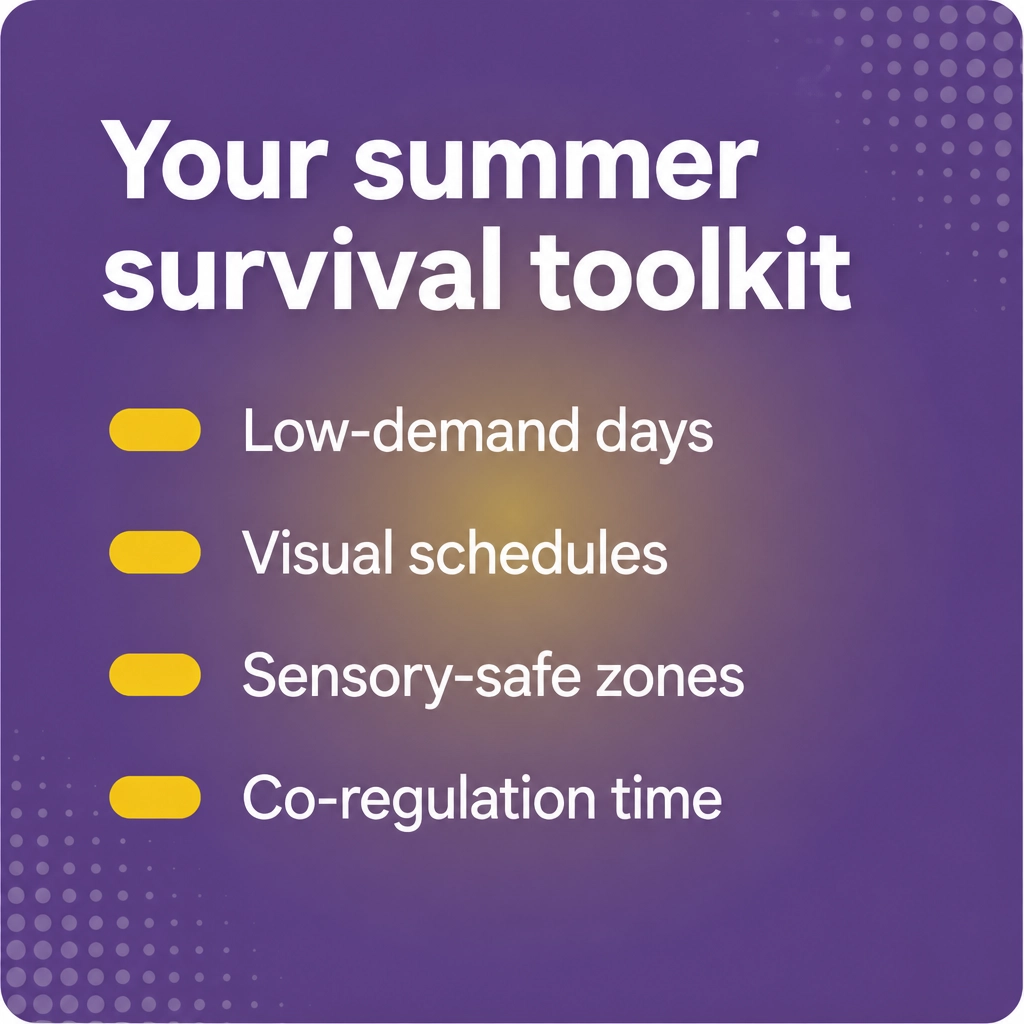 Graphic listing survival toolkit items: Low-demand days, Visual schedules, Sensory-safe zones, Co-regulation time