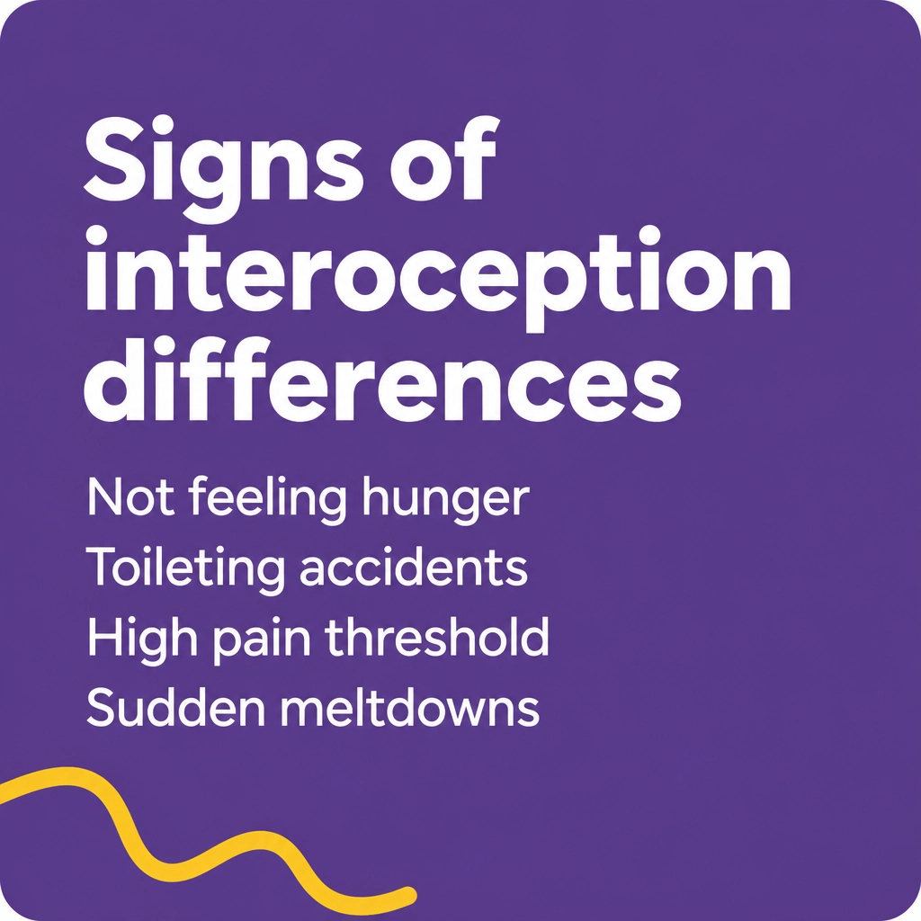 Signs of interoception differences: Not feeling hunger, toileting accidents, high pain threshold, sudden meltdowns.