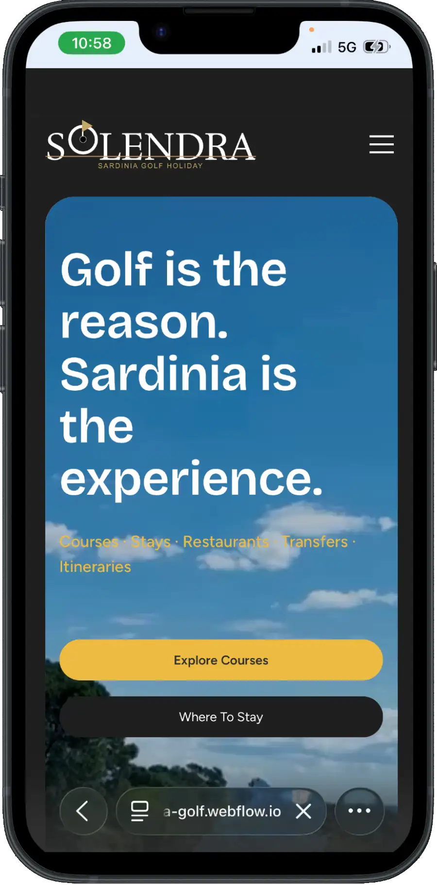 Solendra Golf website on mobile