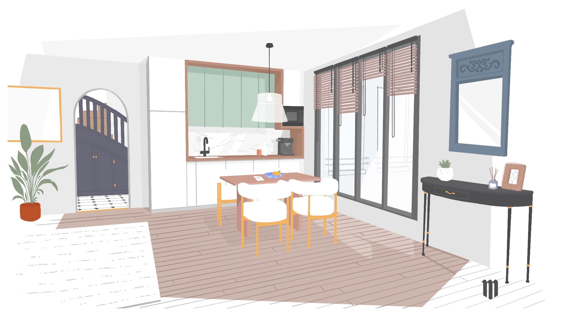 Illustration de cuisine ouverte sur séjour dans un projet d’architecture intérieure résidentiel à Saint Augustin