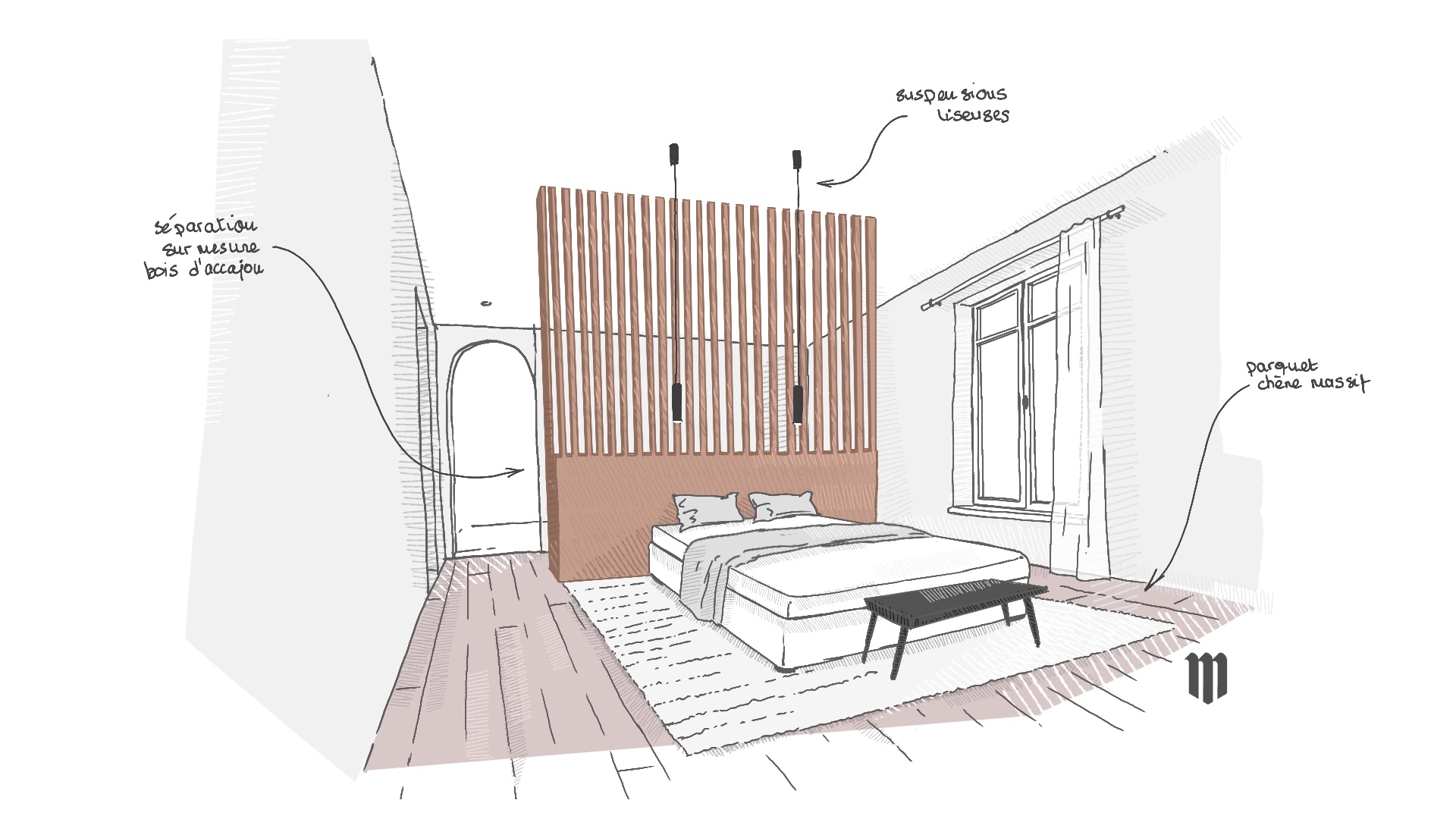 Perspective d’une chambre parentale avec tête de lit en bois d’acajou et séparation architecturale en tasseaux