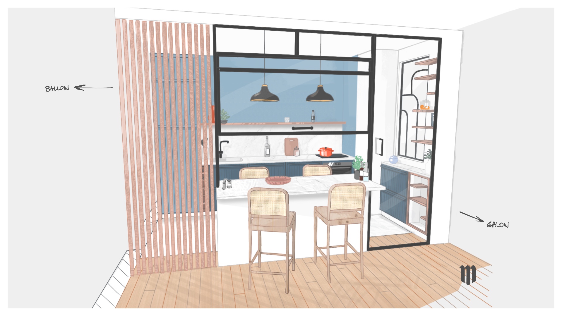 Illustration de cuisine sur mesure avec verrière architecturale et séparation d’espaces intégrant bois et marbre