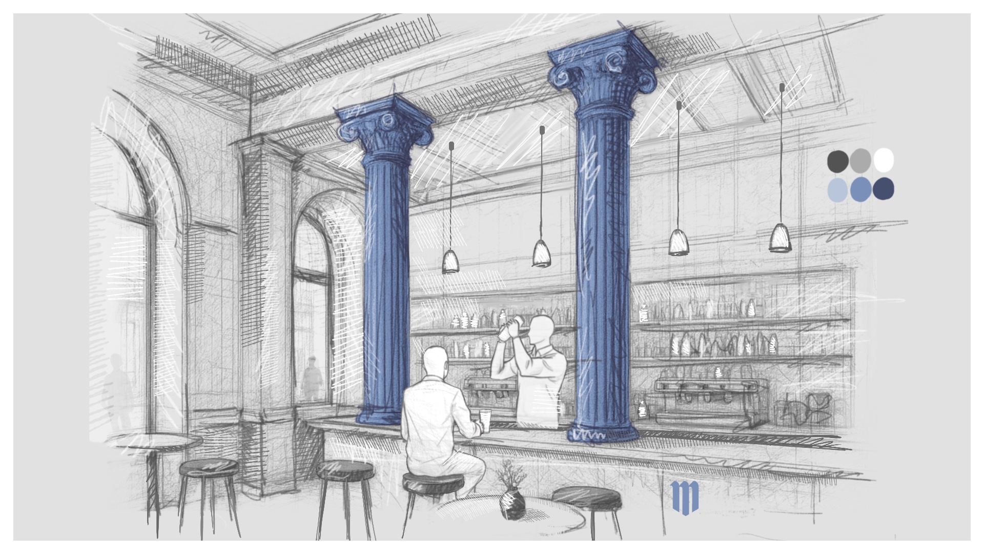 Perspective architecturale à la main d’un café-restaurant avec bar monumental et colonnes d’inspiration grecque