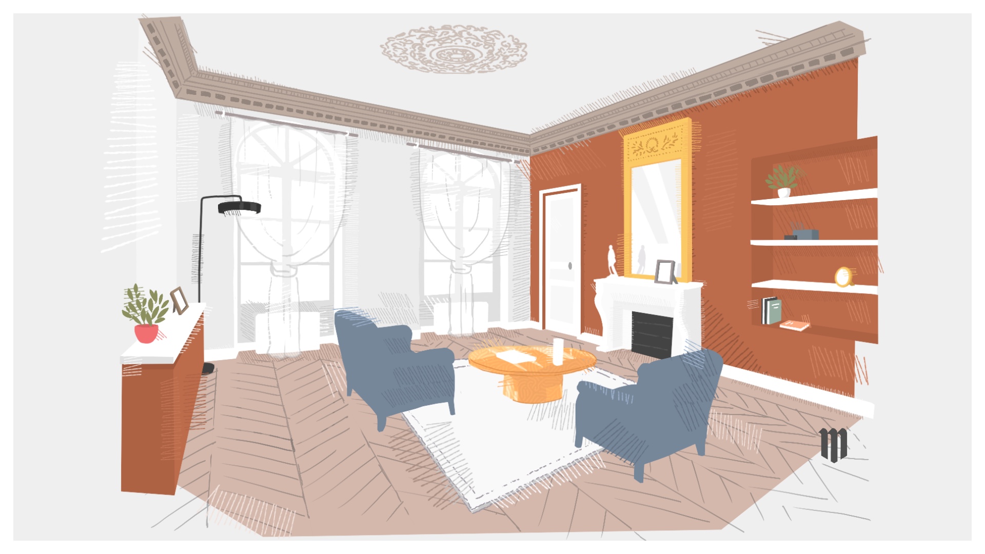 Illustration d’un salon haussmannien contemporain avec travail d’ambiance, moulures et composition de mobilier