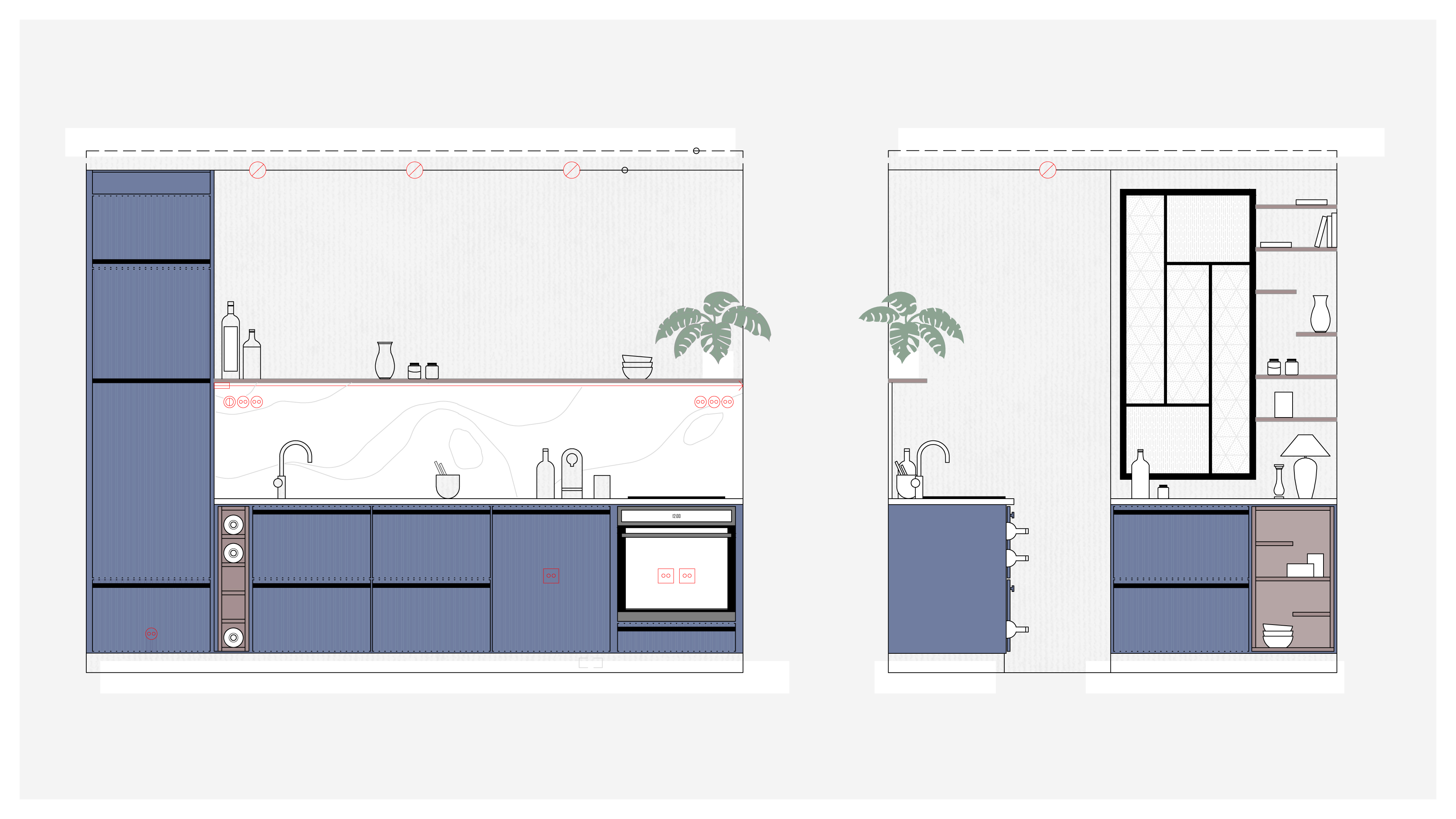 Élévations colorées d’une cuisine sur mesure avec verrière et organisation fonctionnelle des espaces