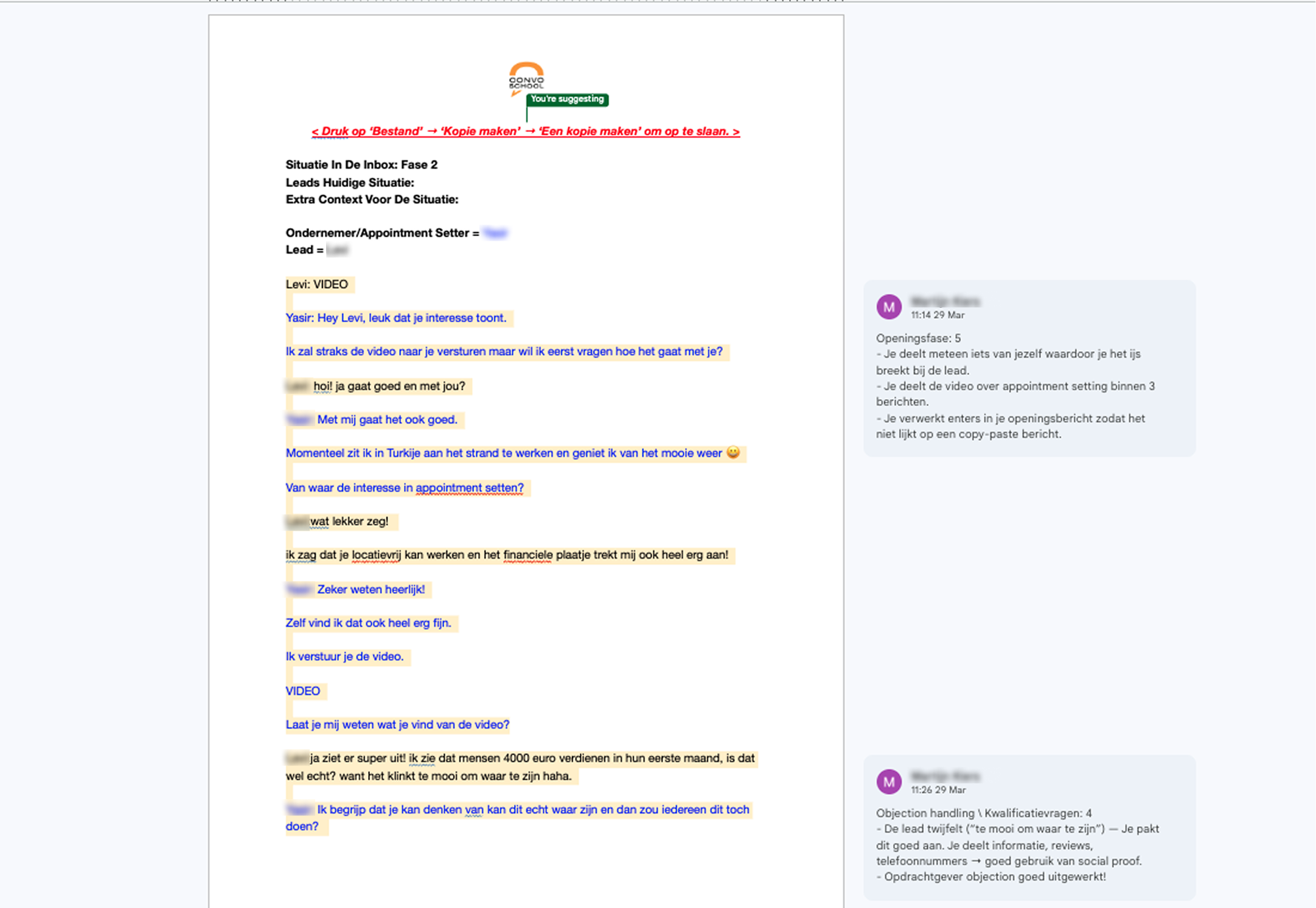 Screenshot of a Dutch text conversation discussing video sharing, appointment setting, and financial opportunities, with side notes on conversation phases and objection handling.