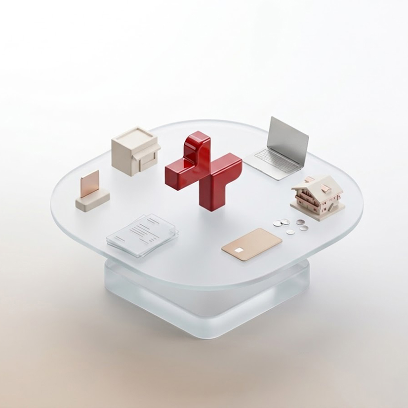 Transparent table with red Swiss cross, laptop, house model, credit card, coins, documents, and cash on it.