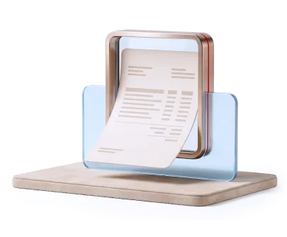 3D illustration of an invoice document emerging from a stylized frame on a wooden base.