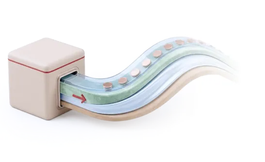 Abstract representation of money flow with a curved path and coins moving through a small box.