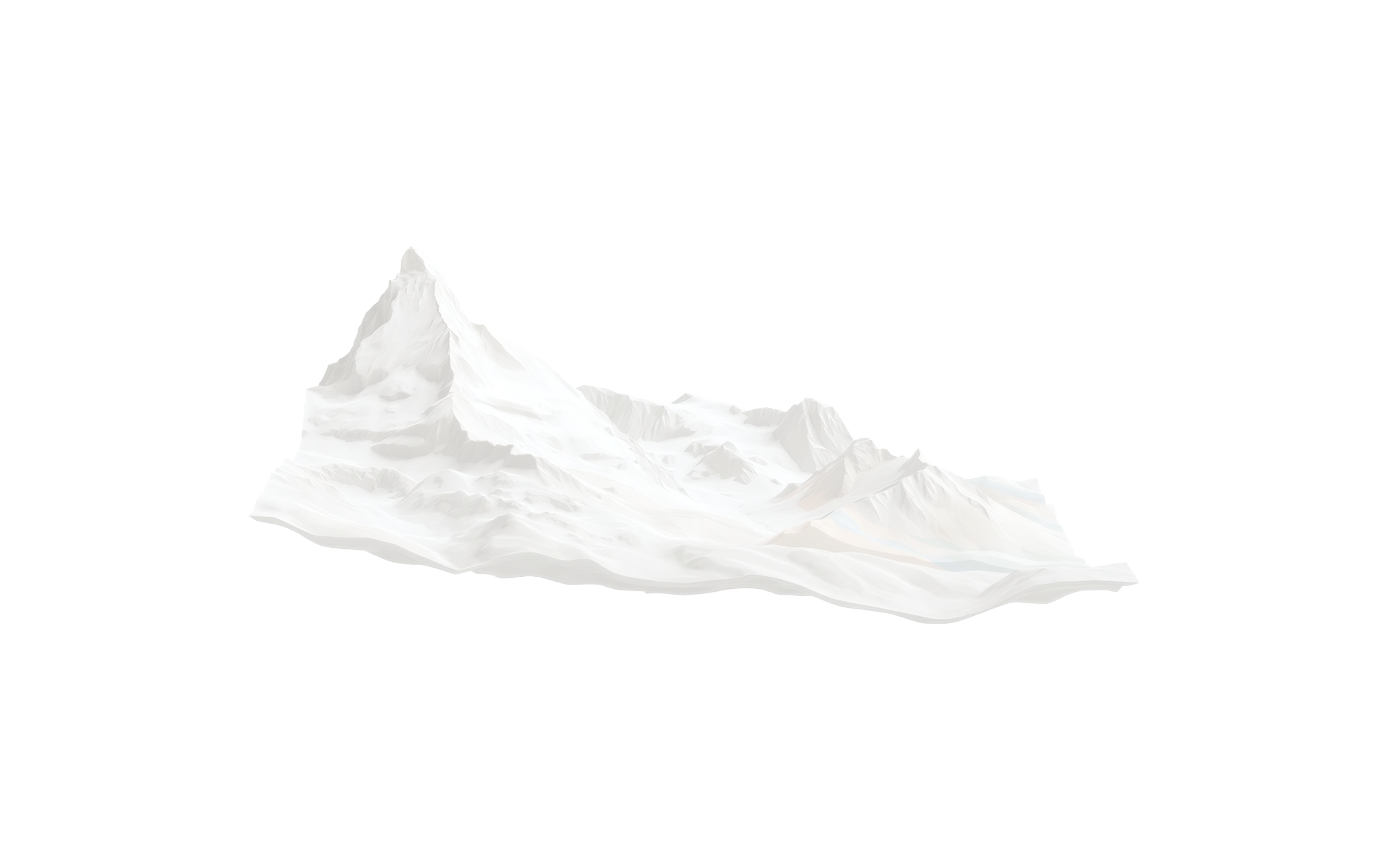 3D model of snow-covered mountain terrain with peaks and valleys on a black background.