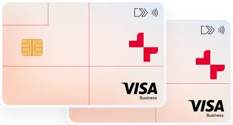 Two Visa Business credit cards with chip and contactless payment symbol, white with red cross logo.