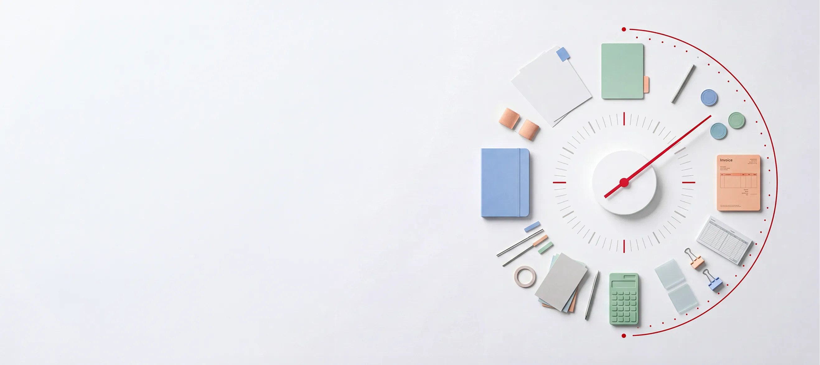 Clock with red hand surrounded by office supplies like notebooks, calculator, papers, and pens.