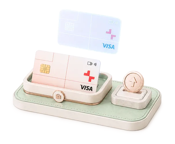 Physical and virtual Visa company cards displayed on a modern stand with a coin slot.