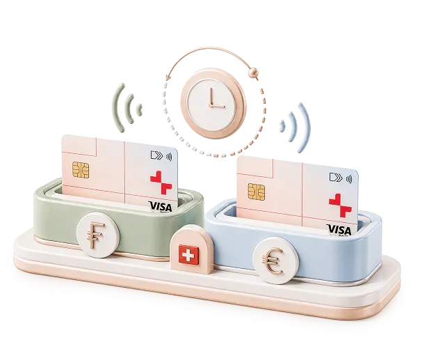 Two Visa cards with Swiss franc and euro symbols on holders under a floating clock symbol.