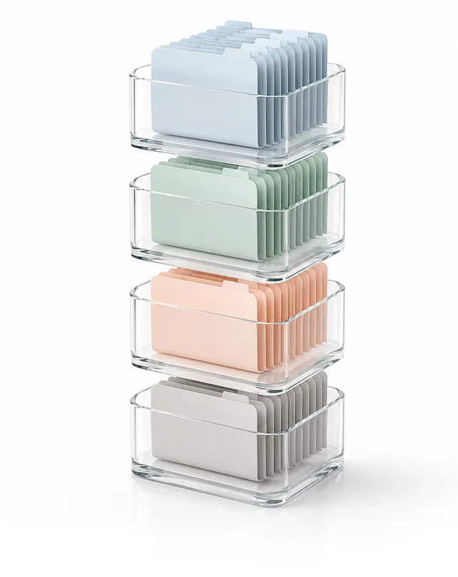 Stacked clear organizers holding sets of pastel-colored filing index tabs in blue, green, peach, and gray.