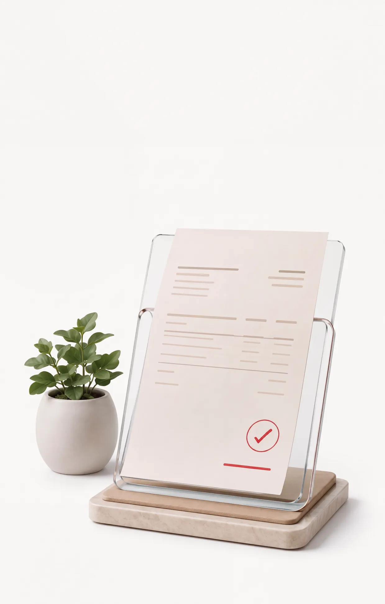 Document with a red checkmark displayed on a clear stand beside a small potted plant.