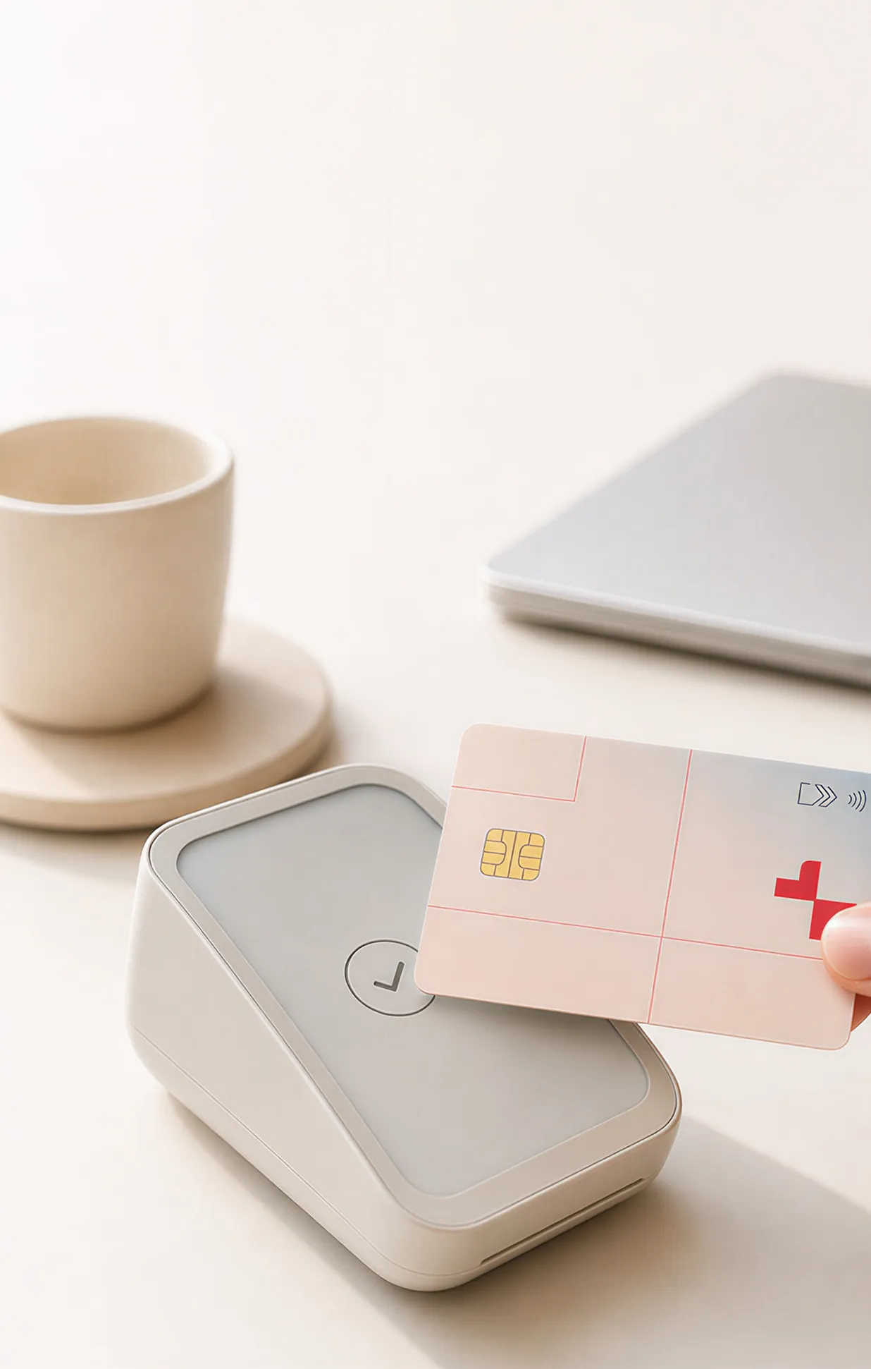 Hand holding a pink card near a white contactless payment terminal on a table with a cup and laptop.