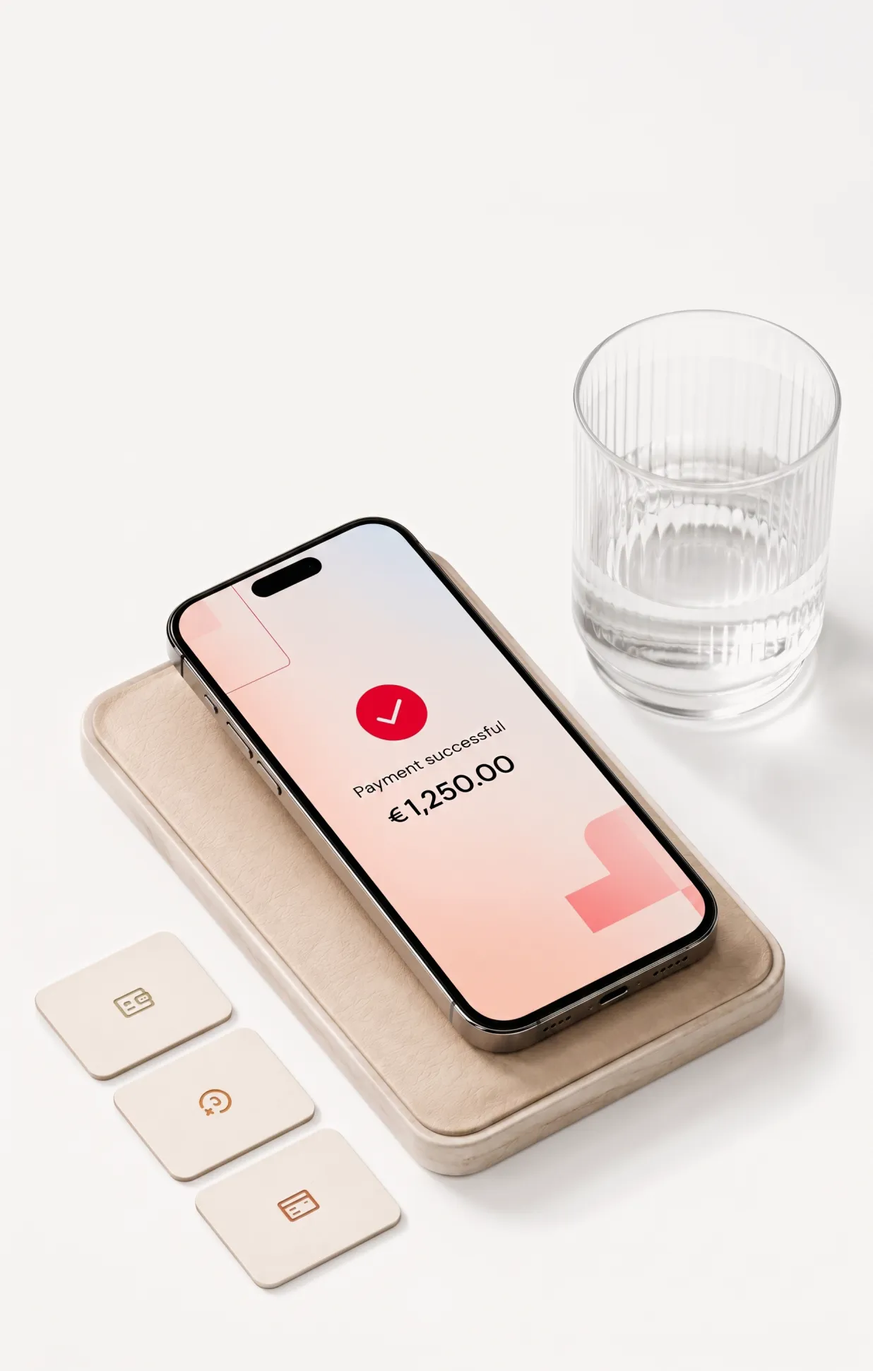 Smartphone showing a successful payment of €1,250 on a beige pad with a glass of water nearby.