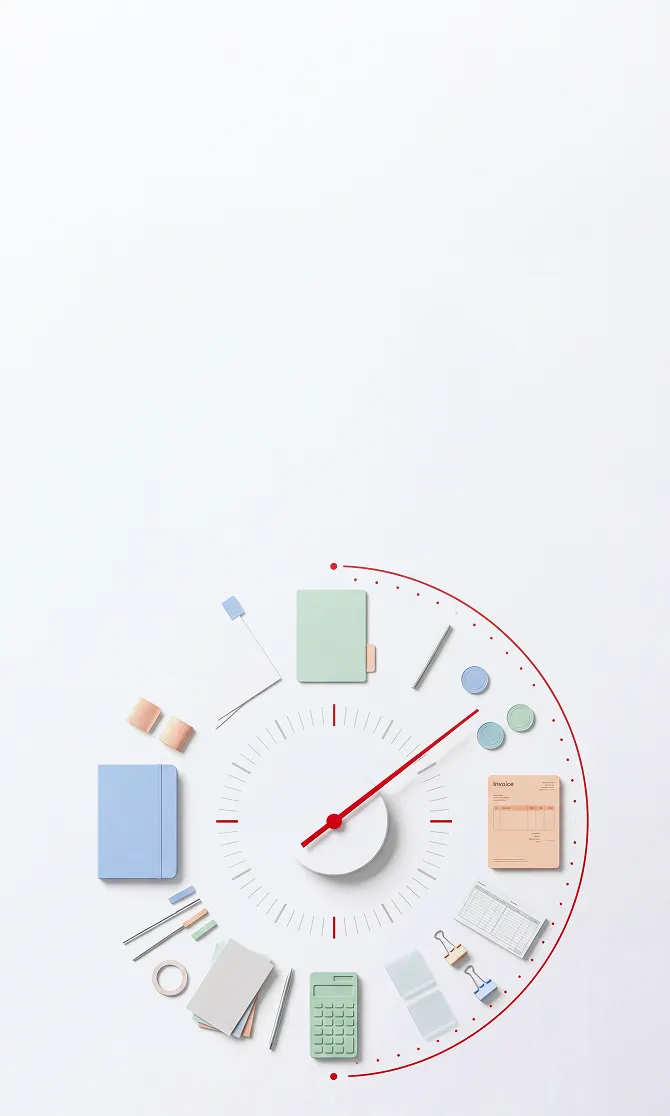 Office supplies like notebooks, calculator, papers, clips, and pen arranged in a clock shape on white background.