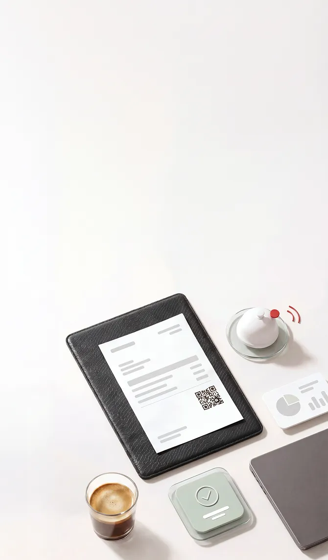 Business workspace with an invoice on a tablet, coffee cup, device showing checkmark, and smartphone on a white desk.