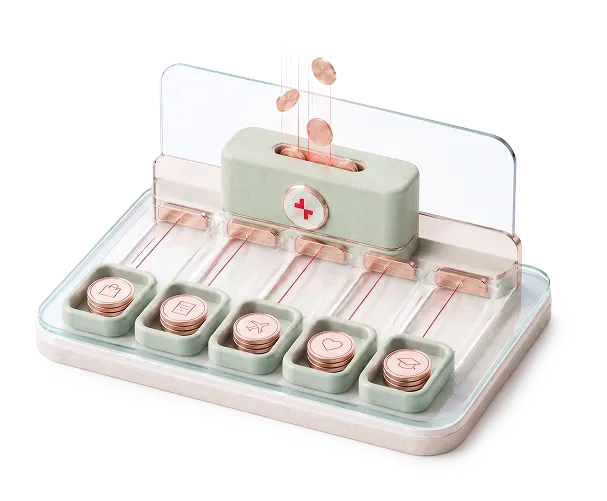 A coin bank with six slots and a slot for inserting coins above connected tubes for coins to fall through.