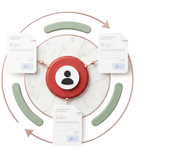 User icon in center with connected signed documents around and circular arrows showing document reuse process.