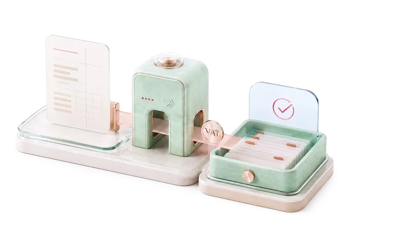 Pastel green office tools including a stamp, paper holder, and a receipt tray on a white base.