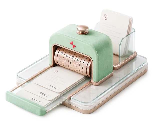Green vintage medical device with rotating number dials and appointment cards on a clear tray.