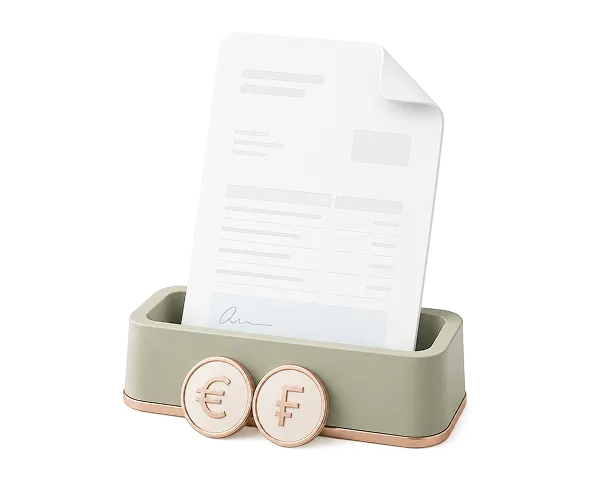 Document standing upright in green holder with Euro and Franc coins in front.