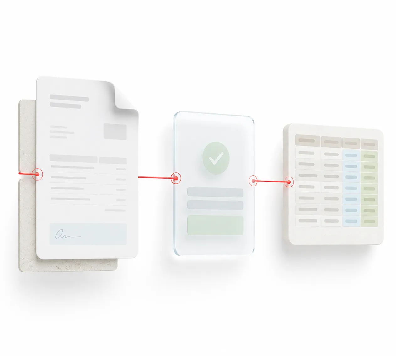 Three floating documents connected by red lines symbolizing digital document processing and verification.