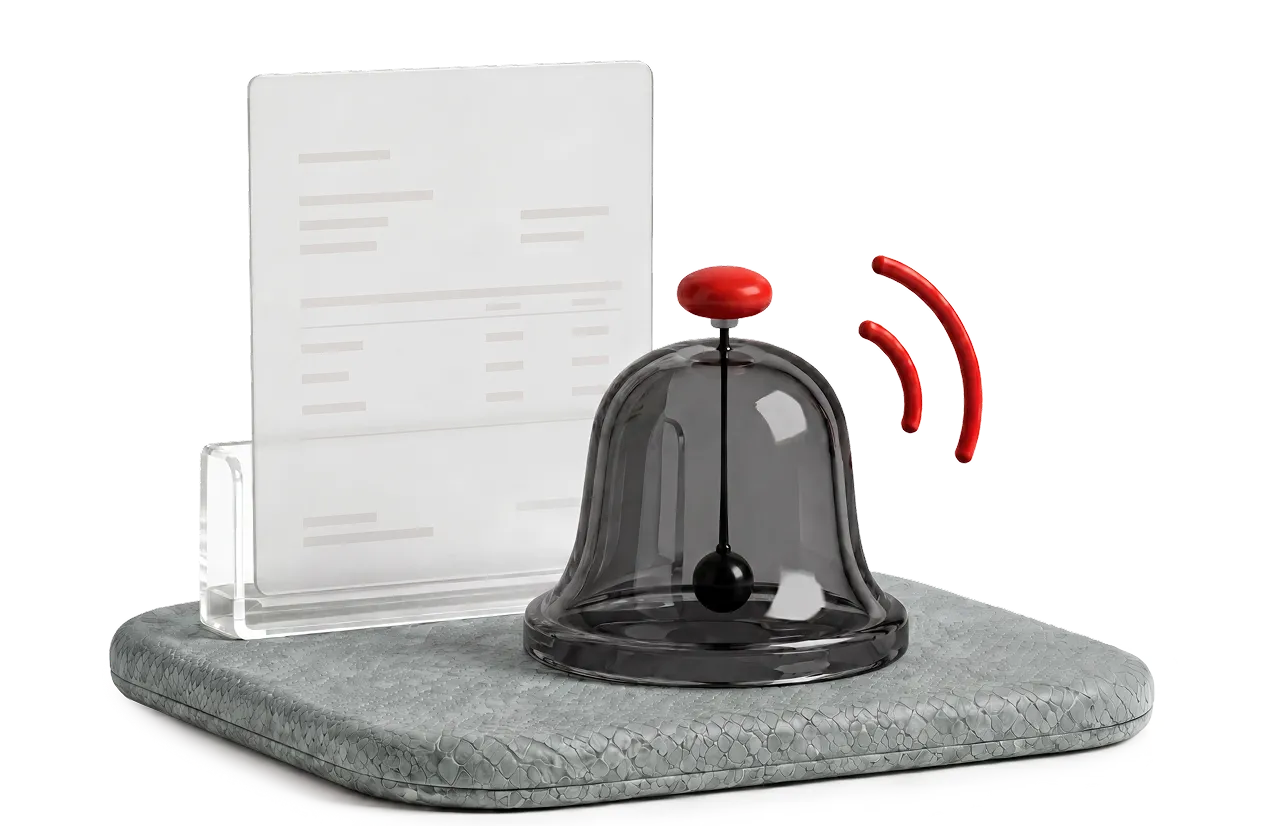 Reception bell with a red button ringing next to a transparent document holder on a textured base.