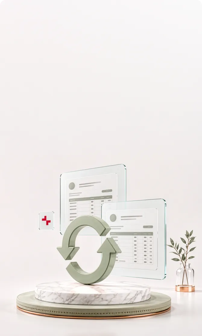 Visa Business card, a clock, and document with a bank icon floating on a circular frame with spheres.