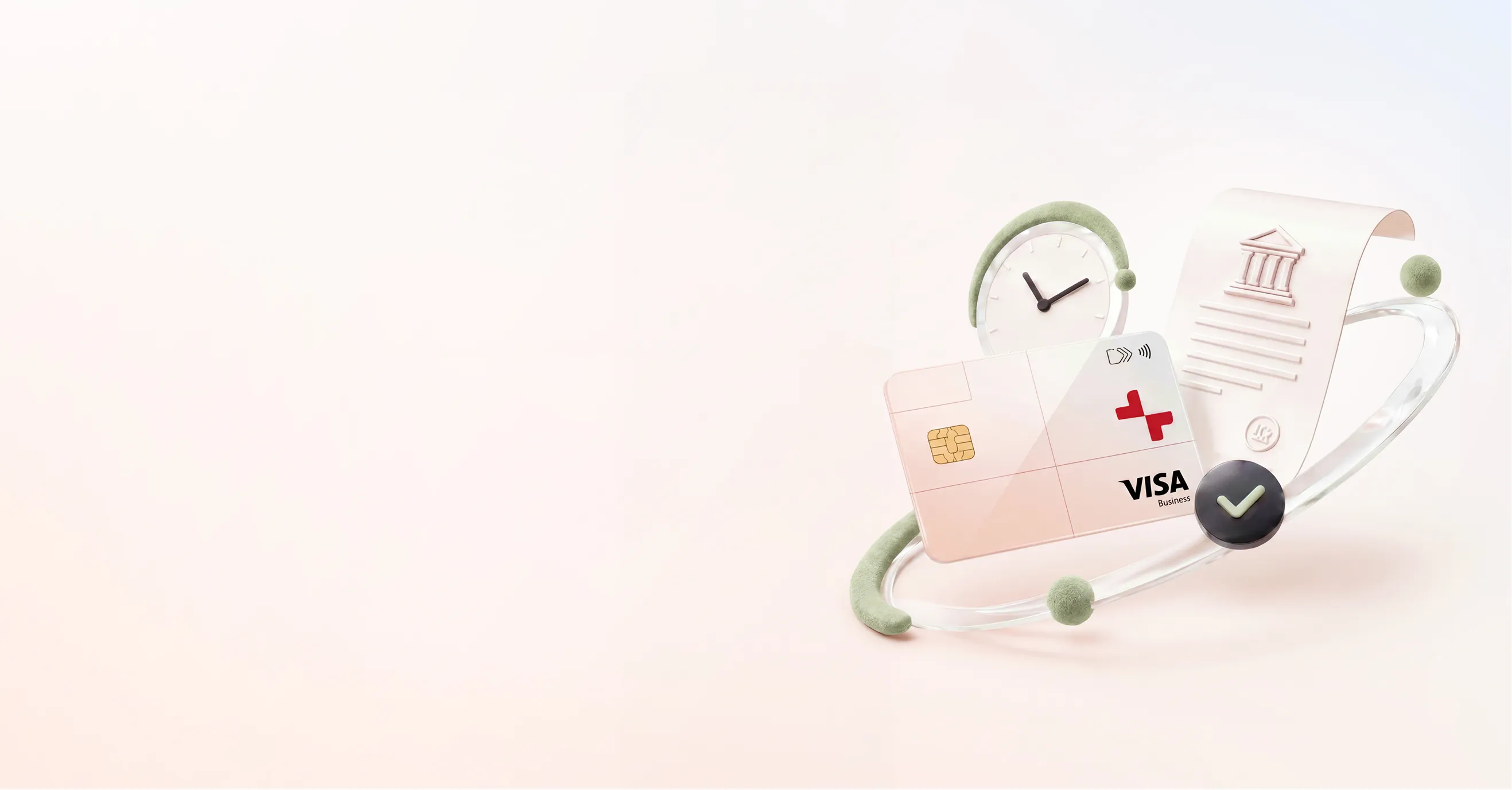 Floating Visa Business card, clock, and bank document with checkmark on light background.