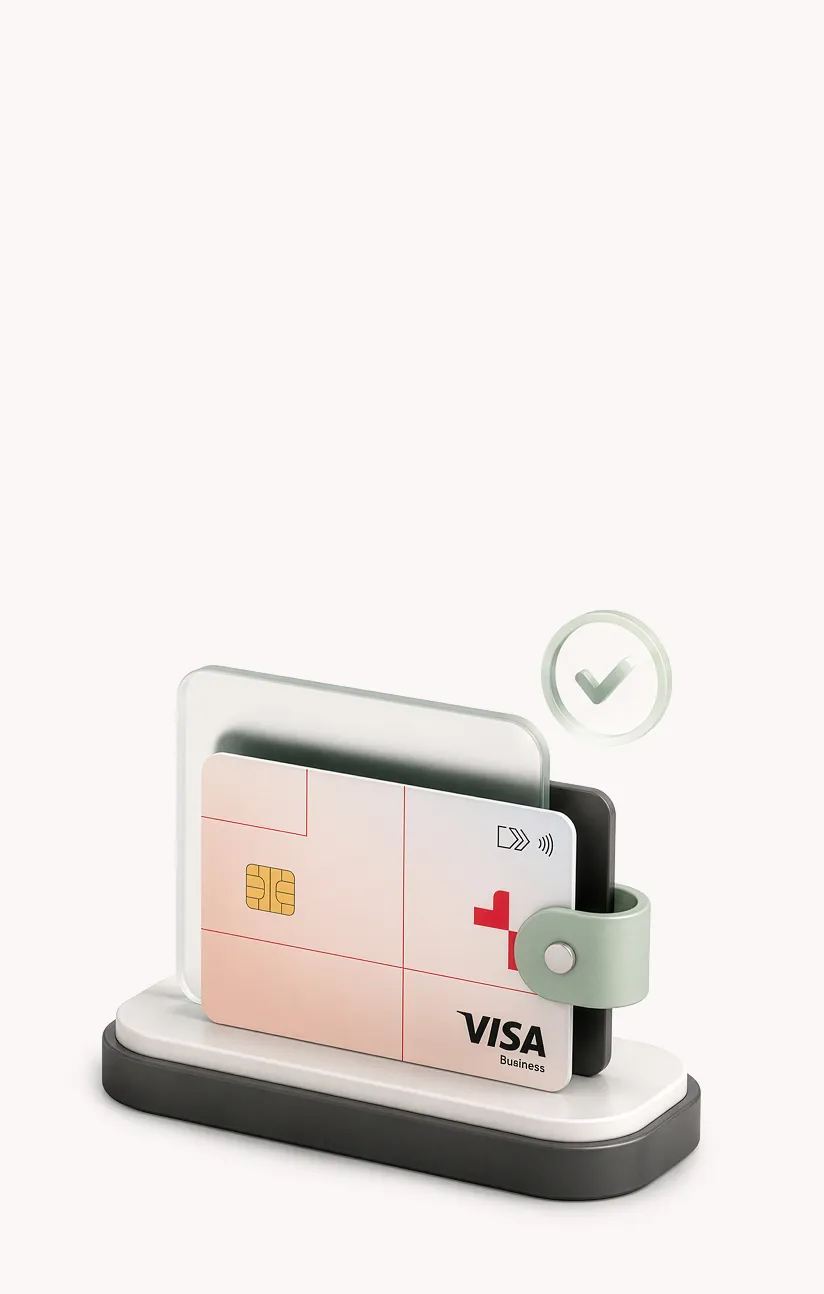 3D rendering of a VISA Business card placed in a minimalist cardholder with a checkmark symbol.
