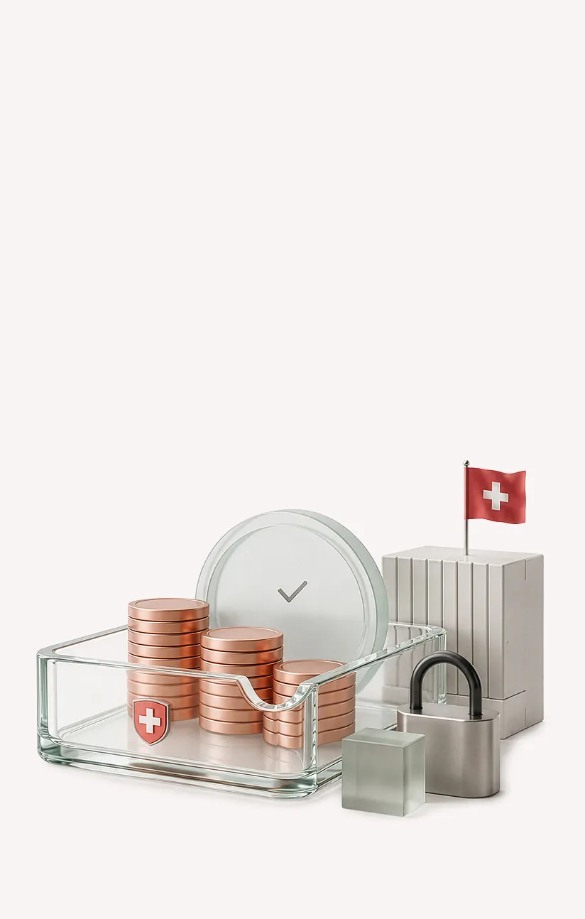 Stacks of copper coins in a glass tray with a shield, clock, lock, and Swiss flag in the background.