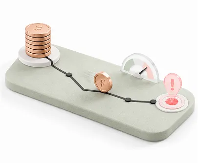 Stack and single coin connected by line to alert icon, with a gauge, suggesting tracking or loss of money.