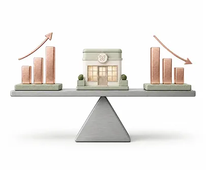 Balance scale with a storefront in the middle and rising and falling bar graphs on each side.